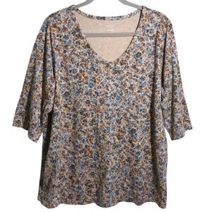 Pure J Jill Floral Printed Soft V-neck Tunic Top Size XL Stretch 3/4 Sleeves